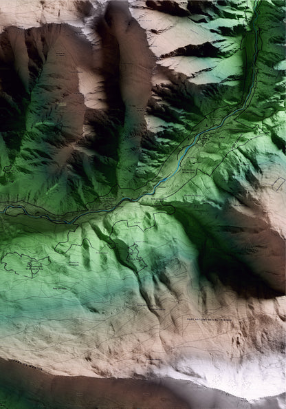 Mapa artístico del relieve de Farrera, al Pallars Sobirà, con 15 km de entorno y base topográfica ICGC. Detalle de la zona superior derecha.