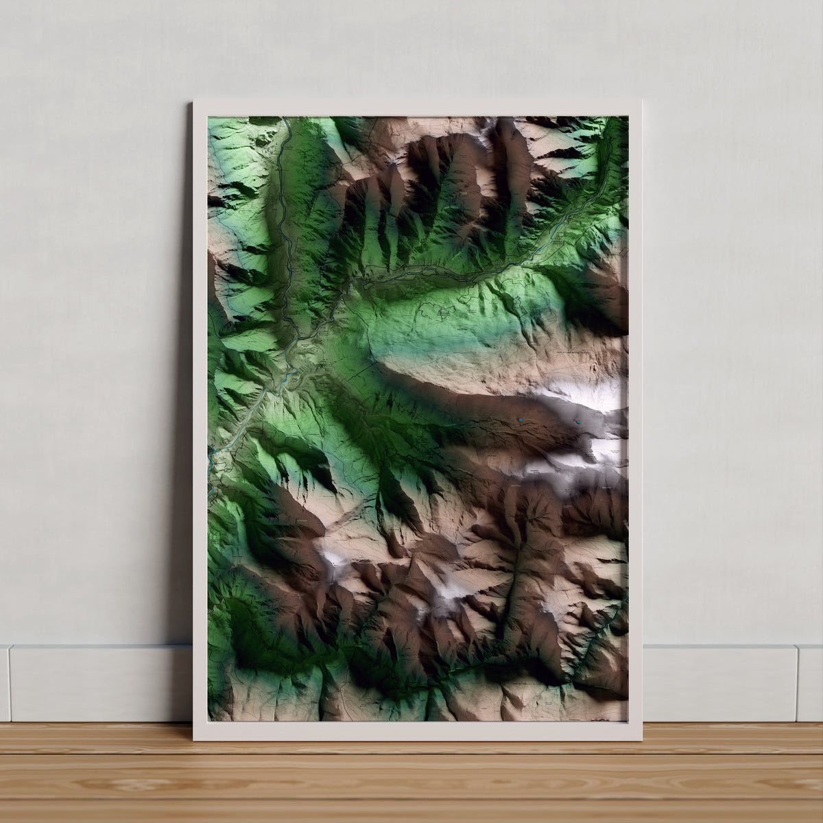 Mapa artístico del relieve de Farrera, al Pallars Sobirà, con 15 km de entorno y base topográfica ICGC. Presentación enmarcada.