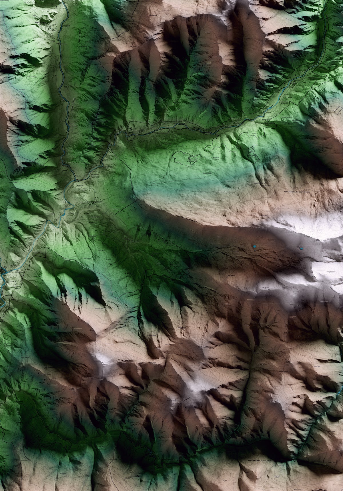 Mapa artístico del relieve de Farrera, al Pallars Sobirà, con 15 km de entorno y base topográfica ICGC