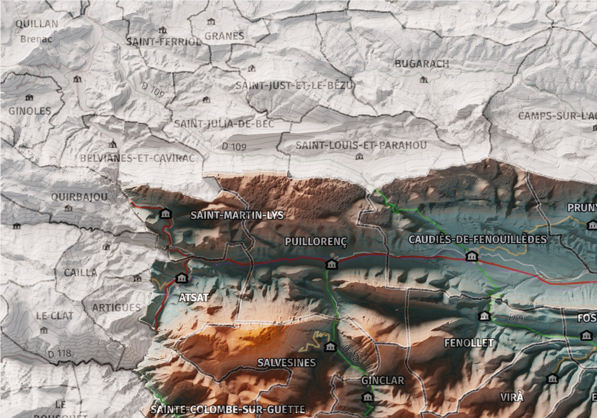 Mapa de relleu de la Fenolleda, amb el territori en color i l’entorn en blanc. Detall de la part superior esquerra. 21 × 30 cm. Estil Blau i taronja.