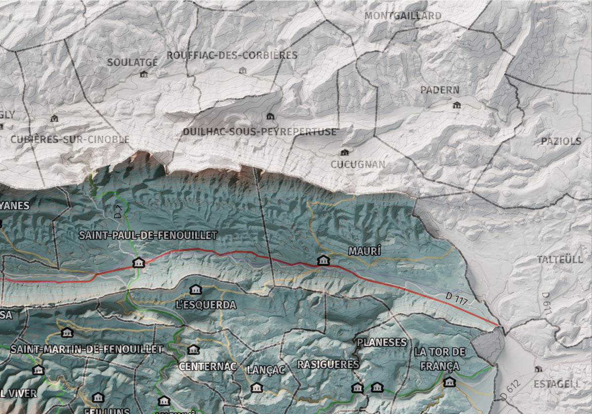 Mapa de relleu de la Fenolleda, amb el territori en color i l’entorn en blanc. Detall de la part superior dreta. 21 × 30 cm. Estil Blau i taronja.