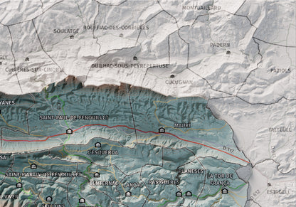 Mapa de relleu de la Fenolleda, amb el territori en color i l’entorn en blanc. Detall de la part superior dreta. 21 × 30 cm. Estil Blau i taronja.