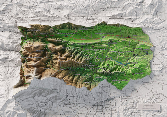 Mapa de relieve de la Fenolleda, con el territorio en color y el entorno en blanco. Vista completa de la lámina. 21 × 30 cm. Estilo Clásico.