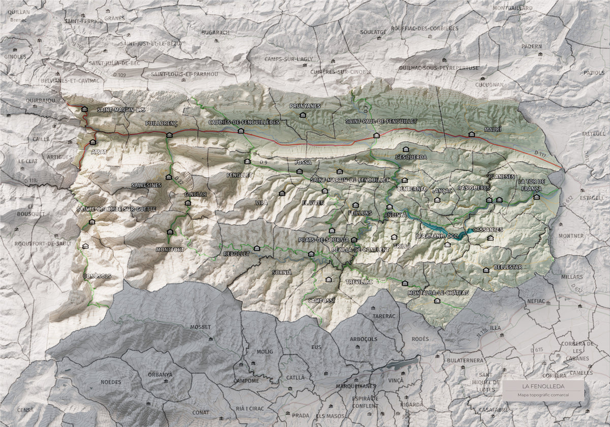 Mapa de relleu de la Fenolleda, amb el territori en color i l’entorn en blanc. Vista completa de la làmina. 21 × 30 cm. Estil Cartogràfic.