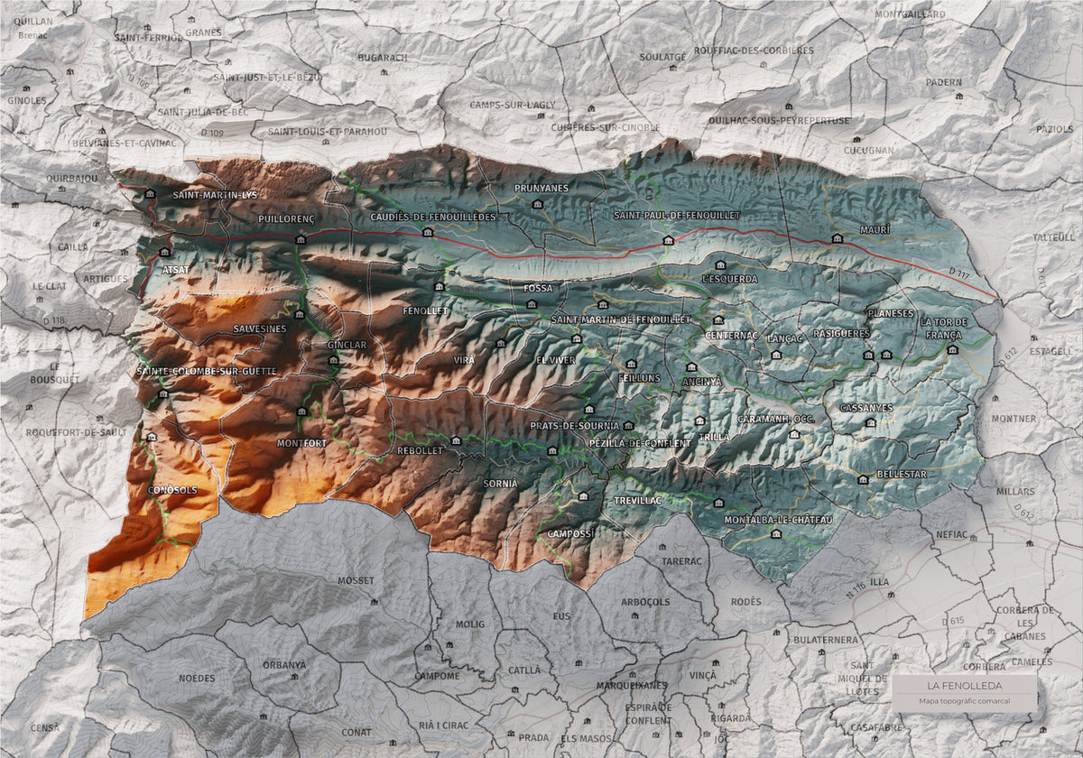 Mapa de relleu de la Fenolleda, amb el territori en color i l’entorn en blanc. Vista completa de la làmina. 21 × 30 cm. Estil Blau i taronja.