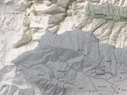Mapa de relleu de la Fenolleda, amb el territori en color i l’entorn en blanc. Detall de la part inferior esquerra. 30 × 40 cm. Estil Cartogràfic.