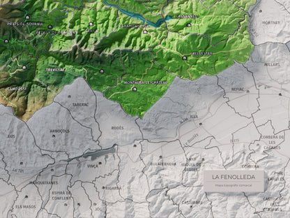 Mapa de relleu de la Fenolleda, amb el territori en color i l’entorn en blanc. Detall de la part inferior dreta. 30 × 40 cm. Estil Clàssic.