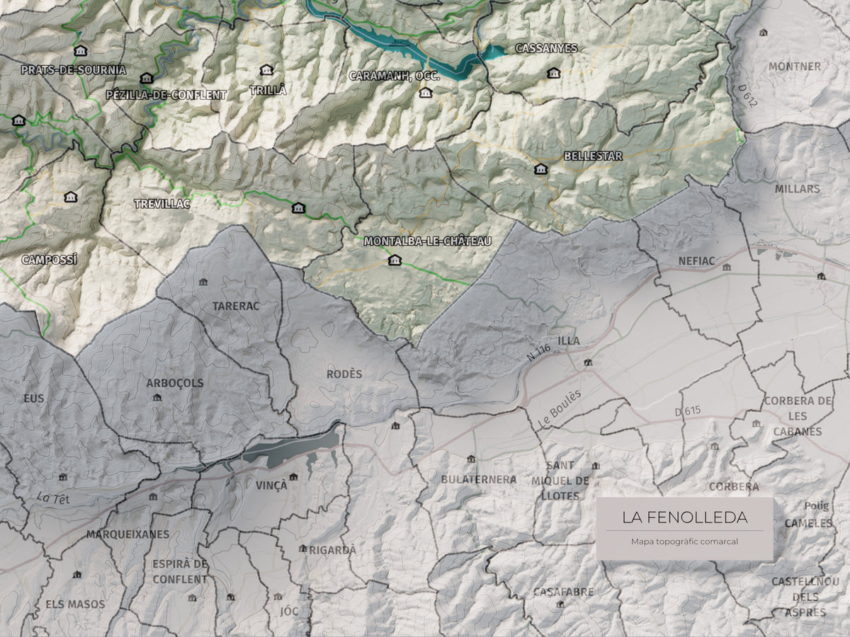 Mapa de relleu de la Fenolleda, amb el territori en color i l’entorn en blanc. Detall de la part inferior dreta. 30 × 40 cm. Estil Cartogràfic.