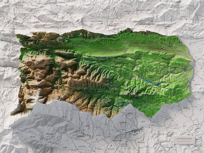 Mapa de relleu de la Fenolleda, amb el territori en color i l’entorn en blanc. Vista completa de la làmina. 30 × 40 cm. Estil Clàssic.