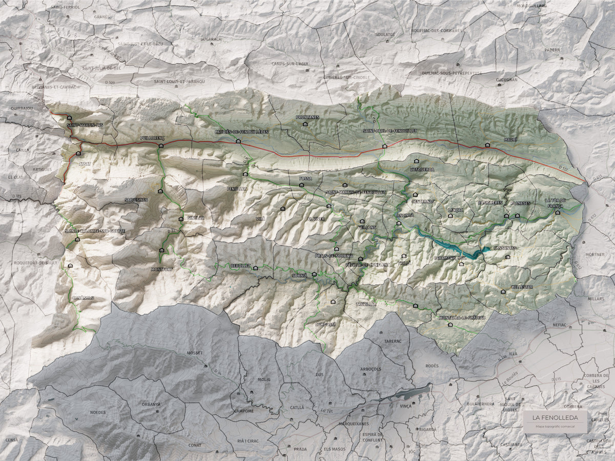 Mapa de relleu de la Fenolleda, amb el territori en color i l’entorn en blanc. Vista completa de la làmina. 30 × 40 cm. Estil Cartogràfic.