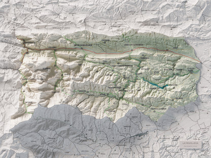 Mapa de relleu de la Fenolleda, amb el territori en color i l’entorn en blanc. Vista completa de la làmina. 30 × 40 cm. Estil Cartogràfic.