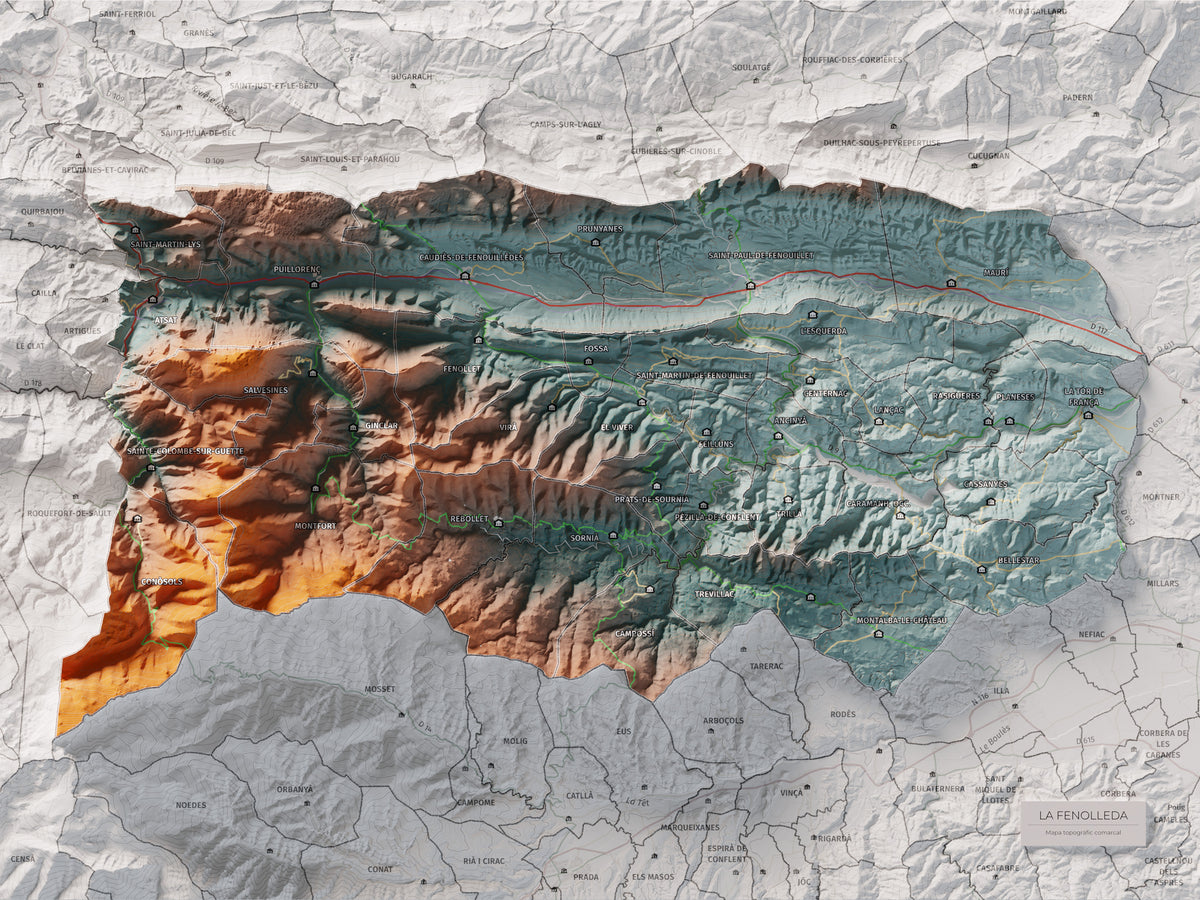 Mapa de relleu de la Fenolleda, amb el territori en color i l’entorn en blanc. Vista completa de la làmina. 30 × 40 cm. Estil Blau i taronja.