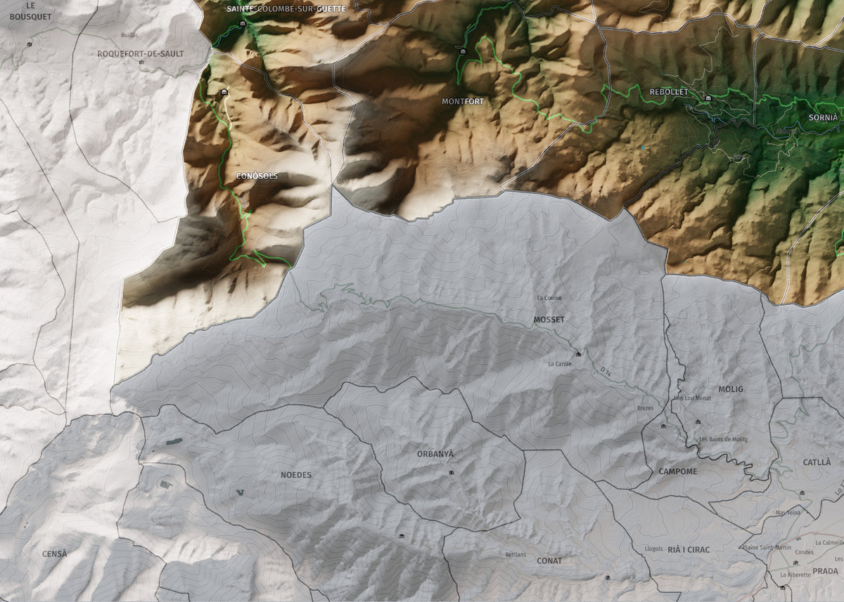 Mapa de relleu de la Fenolleda, amb el territori en color i l’entorn en blanc. Detall de la part inferior esquerra. 50 × 70 cm. Estil Clàssic.