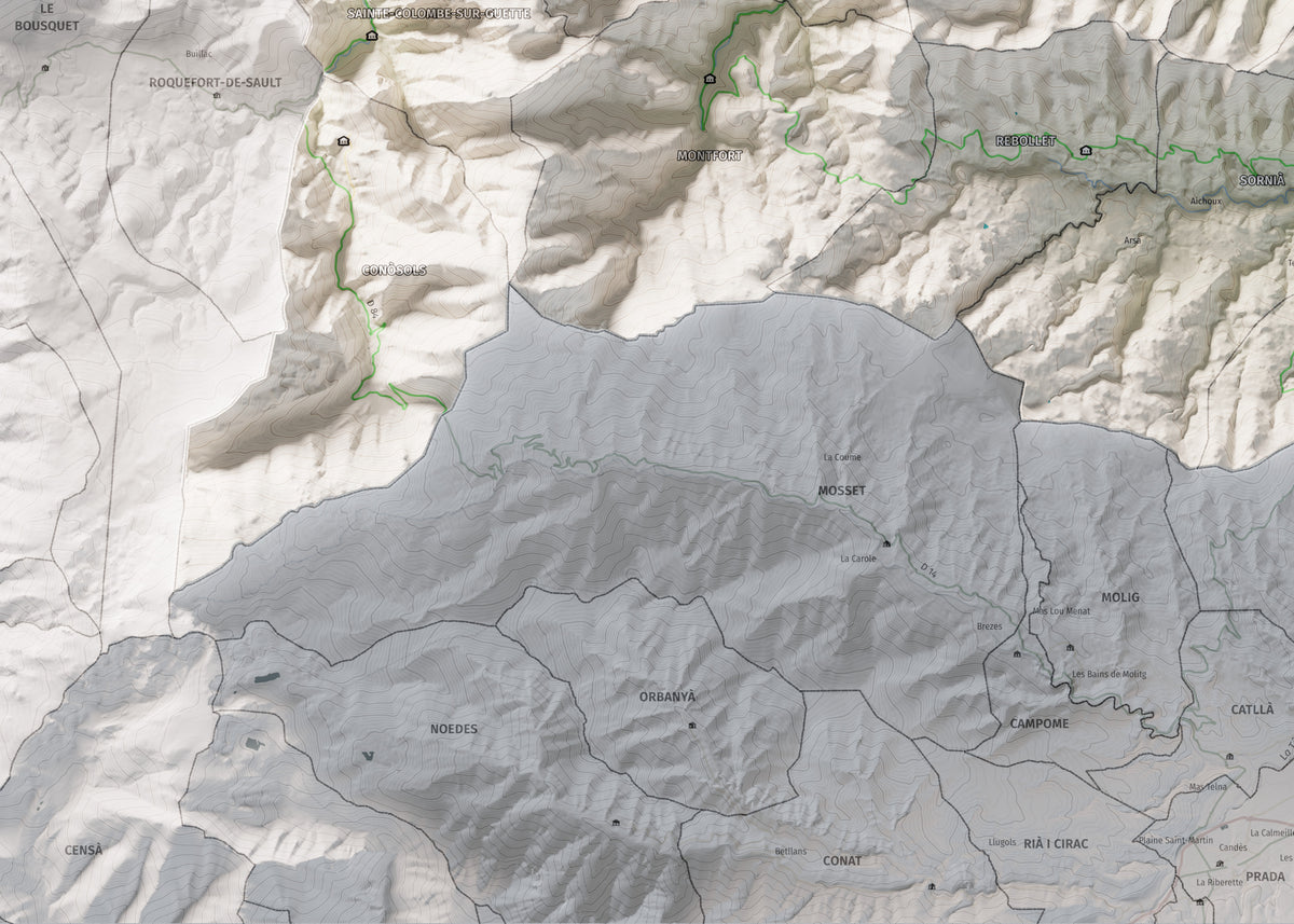 Mapa de relleu de la Fenolleda, amb el territori en color i l’entorn en blanc. Detall de la part inferior esquerra. 50 × 70 cm. Estil Cartogràfic.