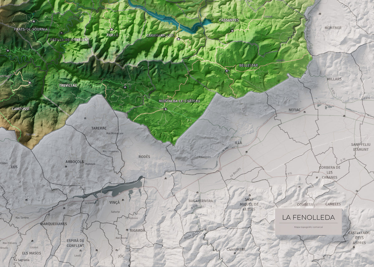 Mapa de relleu de la Fenolleda, amb el territori en color i l’entorn en blanc. Detall de la part inferior dreta. 50 × 70 cm. Estil Clàssic.