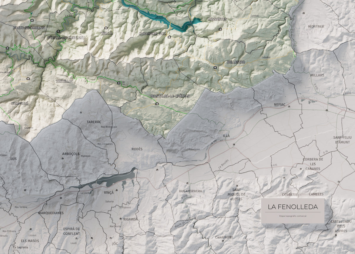 Mapa de relleu de la Fenolleda, amb el territori en color i l’entorn en blanc. Detall de la part inferior dreta. 50 × 70 cm. Estil Cartogràfic.