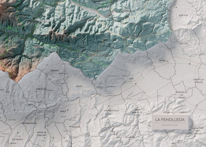 Mapa de relleu de la Fenolleda, amb el territori en color i l’entorn en blanc. Detall de la part inferior dreta. 50 × 70 cm. Estil Blau i taronja.