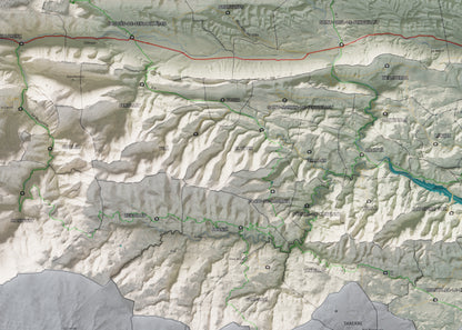 Mapa de relleu de la Fenolleda, amb el territori en color i l’entorn en blanc. Detall de la part central. 50 × 70 cm. Estil Cartogràfic.