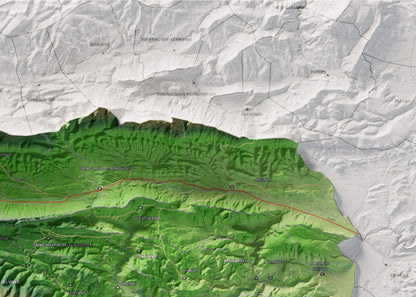 Mapa de relleu de la Fenolleda, amb el territori en color i l’entorn en blanc. Detall de la part superior dreta. 50 × 70 cm. Estil Clàssic.