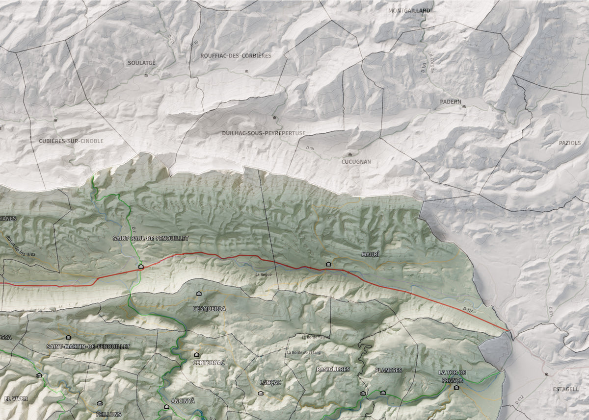 Mapa de relleu de la Fenolleda, amb el territori en color i l’entorn en blanc. Detall de la part superior dreta. 50 × 70 cm. Estil Cartogràfic.
