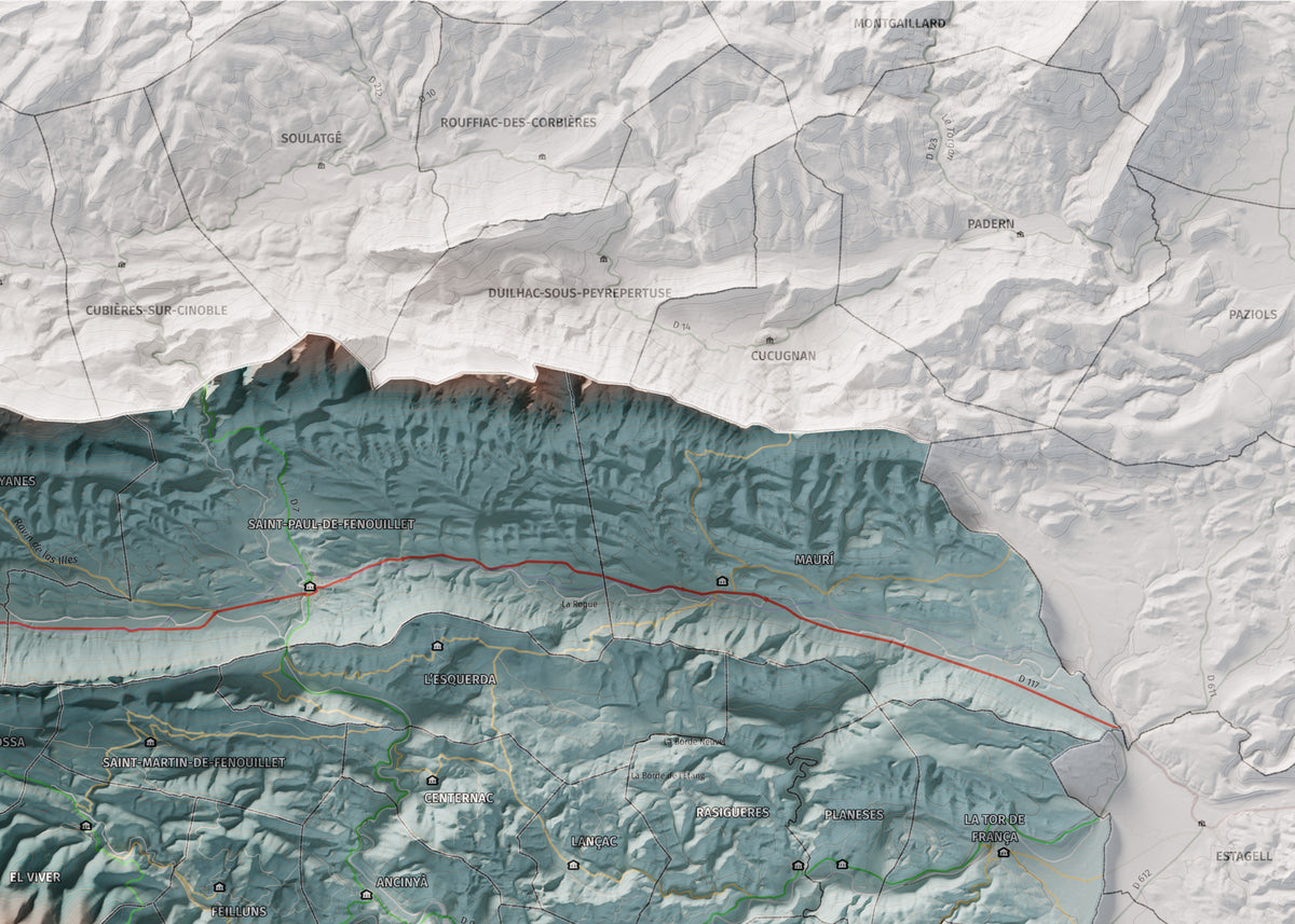 Mapa de relleu de la Fenolleda, amb el territori en color i l’entorn en blanc. Detall de la part superior dreta. 50 × 70 cm. Estil Blau i taronja.