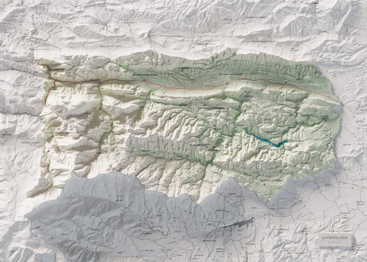 Mapa de relleu de la Fenolleda, amb el territori en color i l’entorn en blanc. Vista completa de la làmina. 50 × 70 cm. Estil Cartogràfic.