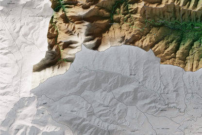 Mapa de relleu de la Fenolleda, amb el territori en color i l’entorn en blanc. Detall de la part inferior esquerra. 61 × 91 cm. Estil Clàssic.