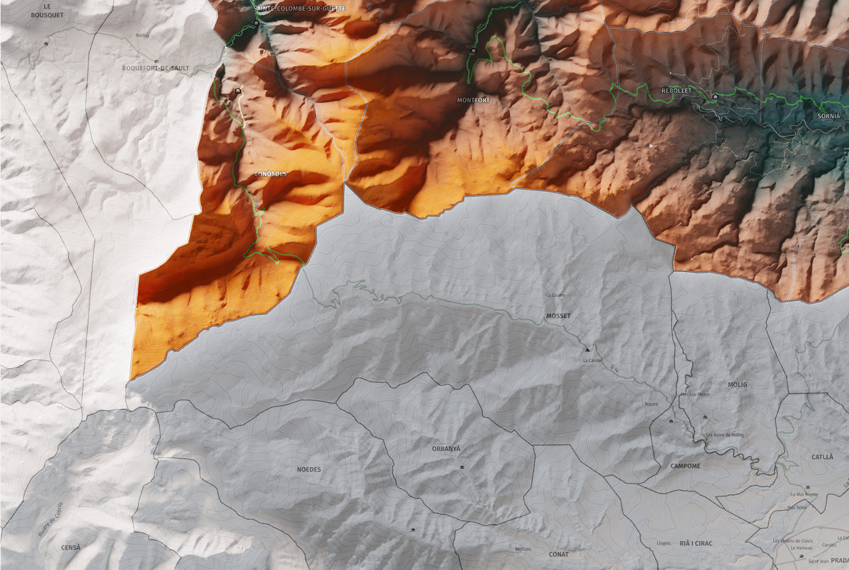 Mapa de relleu de la Fenolleda, amb el territori en color i l’entorn en blanc. Detall de la part inferior esquerra. 61 × 91 cm. Estil Blau i taronja.