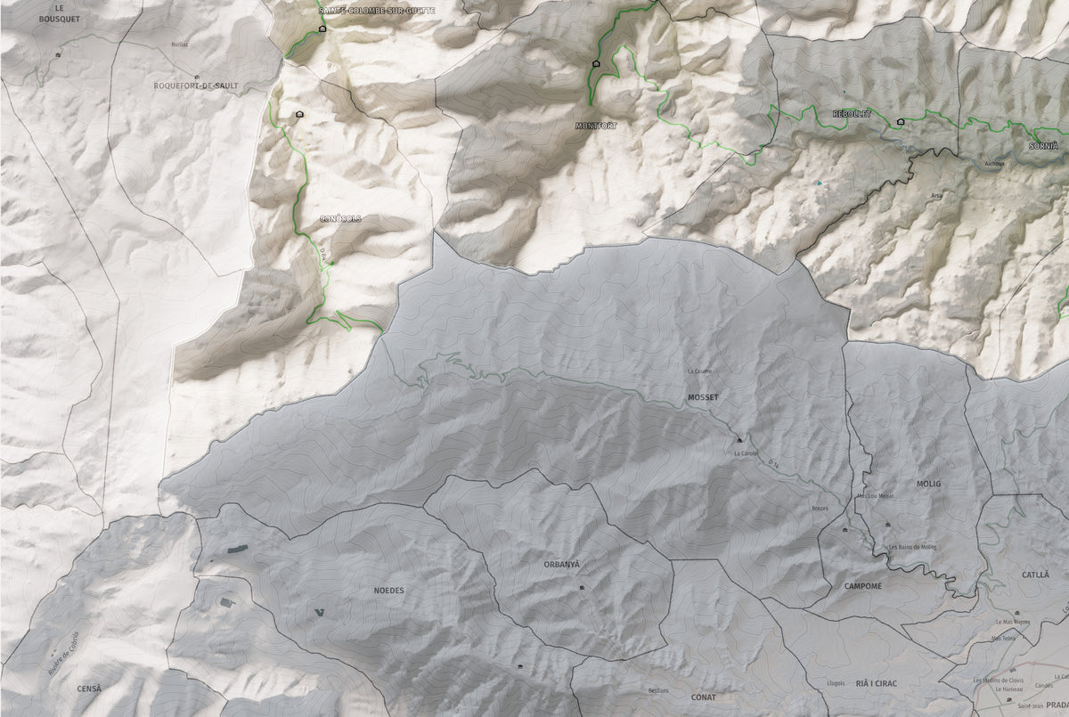 Mapa de relleu de la Fenolleda, amb el territori en color i l’entorn en blanc. Detall de la part inferior esquerra. 61 × 91 cm. Estil Cartogràfic.