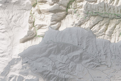 Mapa de relleu de la Fenolleda, amb el territori en color i l’entorn en blanc. Detall de la part inferior esquerra. 61 × 91 cm. Estil Cartogràfic.