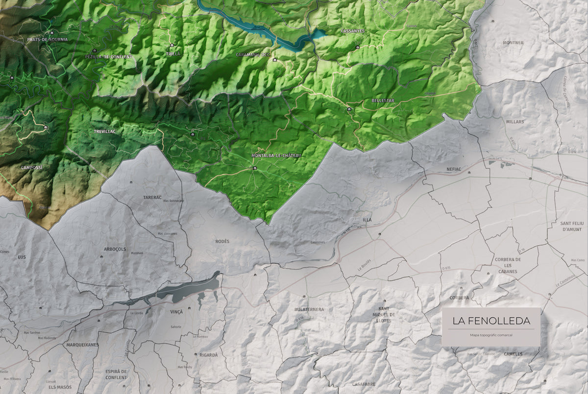 Mapa de relleu de la Fenolleda, amb el territori en color i l’entorn en blanc. Detall de la part inferior dreta. 61 × 91 cm. Estil Clàssic.