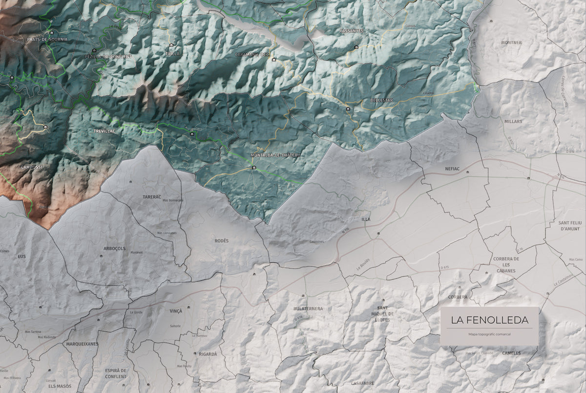 Mapa de relleu de la Fenolleda, amb el territori en color i l’entorn en blanc. Detall de la part inferior dreta. 61 × 91 cm. Estil Blau i taronja.