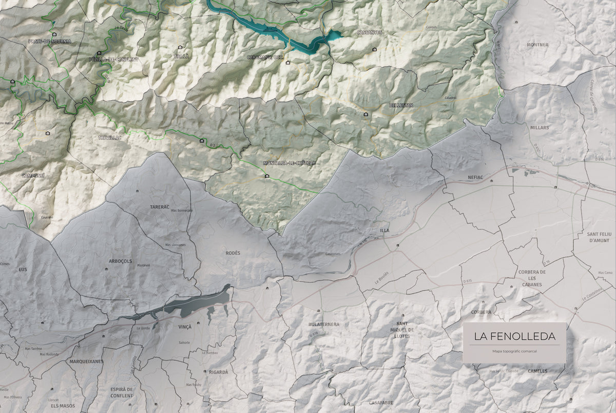 Mapa de relleu de la Fenolleda, amb el territori en color i l’entorn en blanc. Detall de la part inferior dreta. 61 × 91 cm. Estil Cartogràfic.