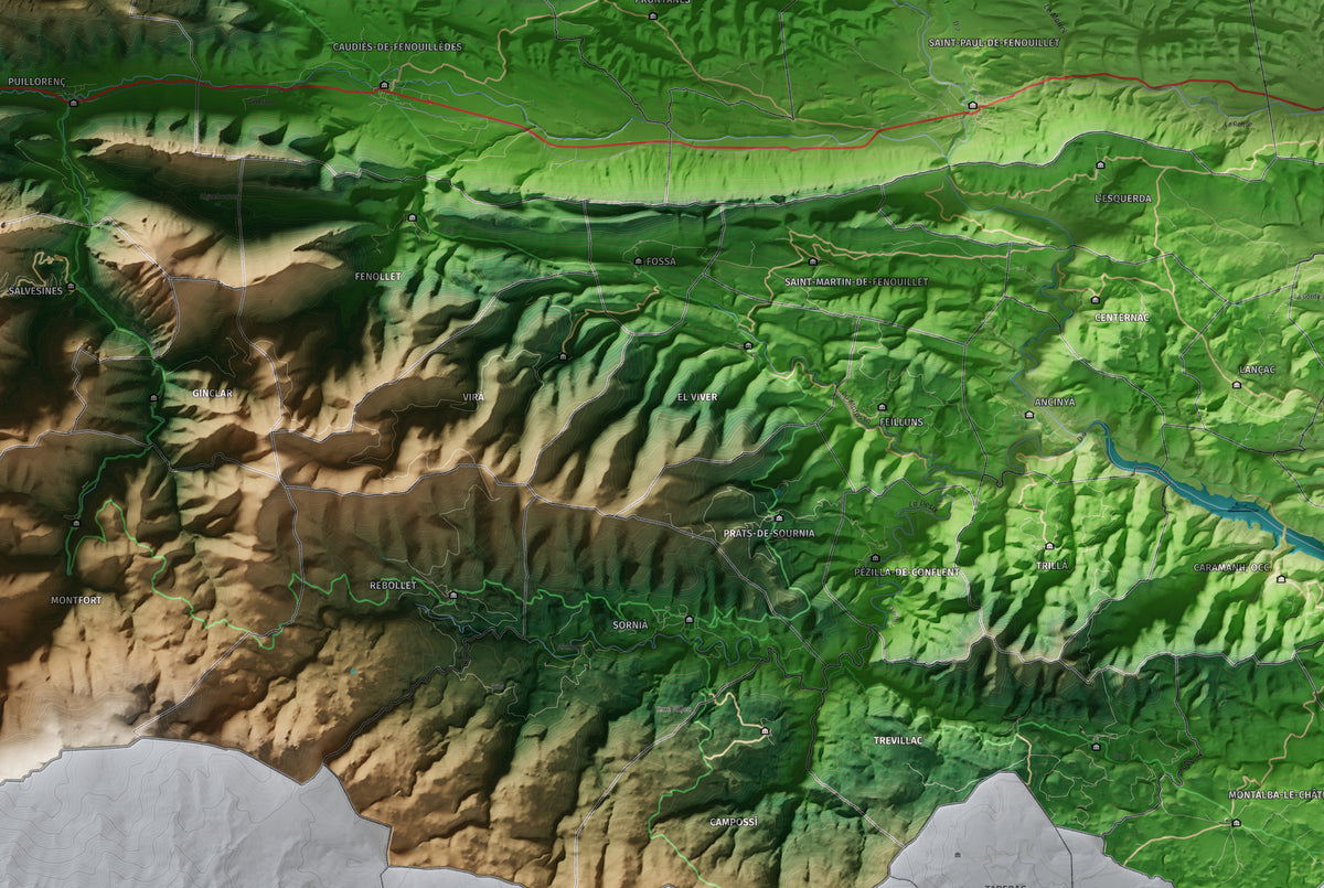 Mapa de relleu de la Fenolleda, amb el territori en color i l’entorn en blanc. Detall de la part central. 61 × 91 cm. Estil Clàssic.