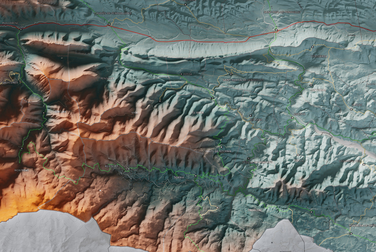 Mapa de relleu de la Fenolleda, amb el territori en color i l’entorn en blanc. Detall de la part central. 61 × 91 cm. Estil Blau i taronja.