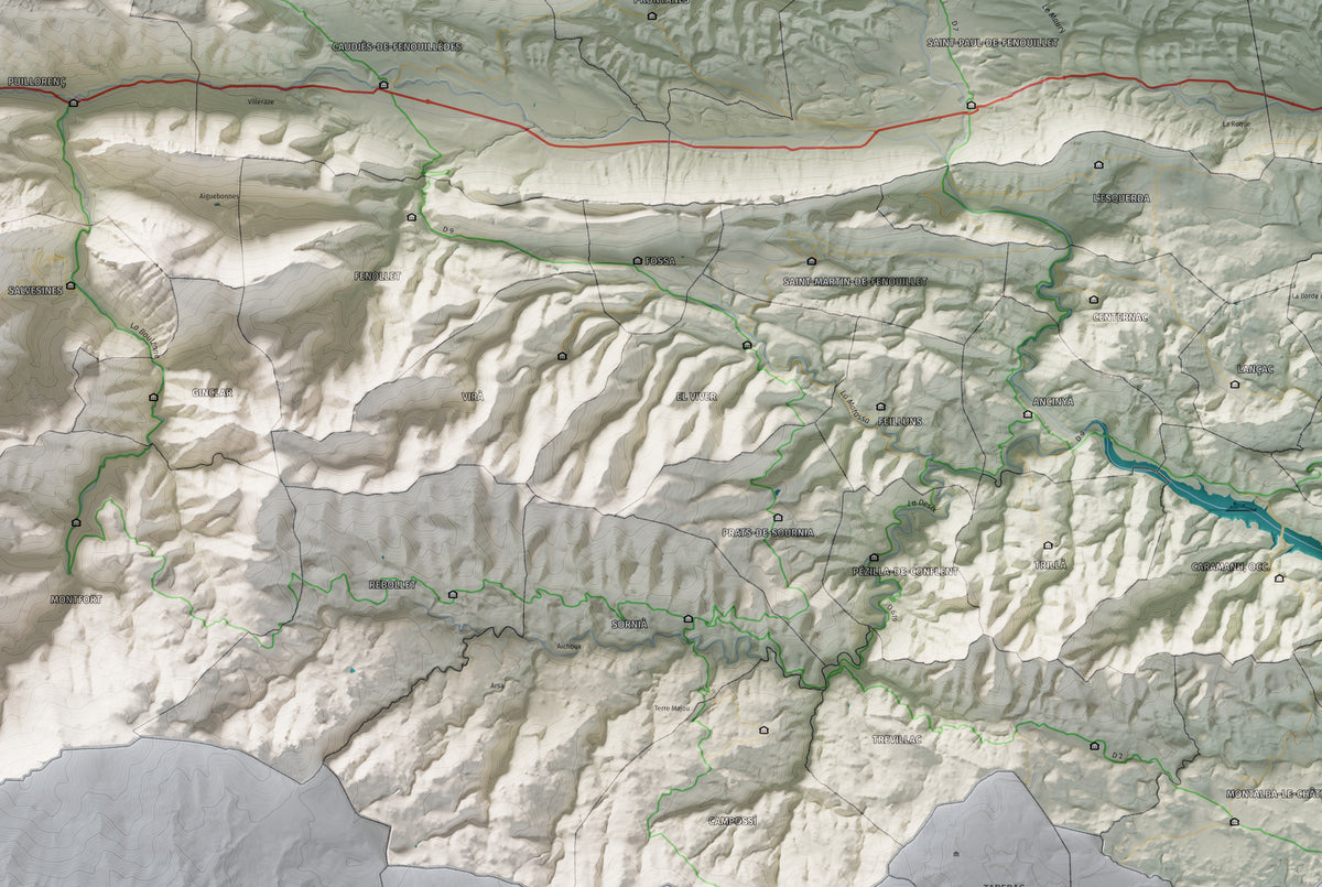 Mapa de relleu de la Fenolleda, amb el territori en color i l’entorn en blanc. Detall de la part central. 61 × 91 cm. Estil Cartogràfic.