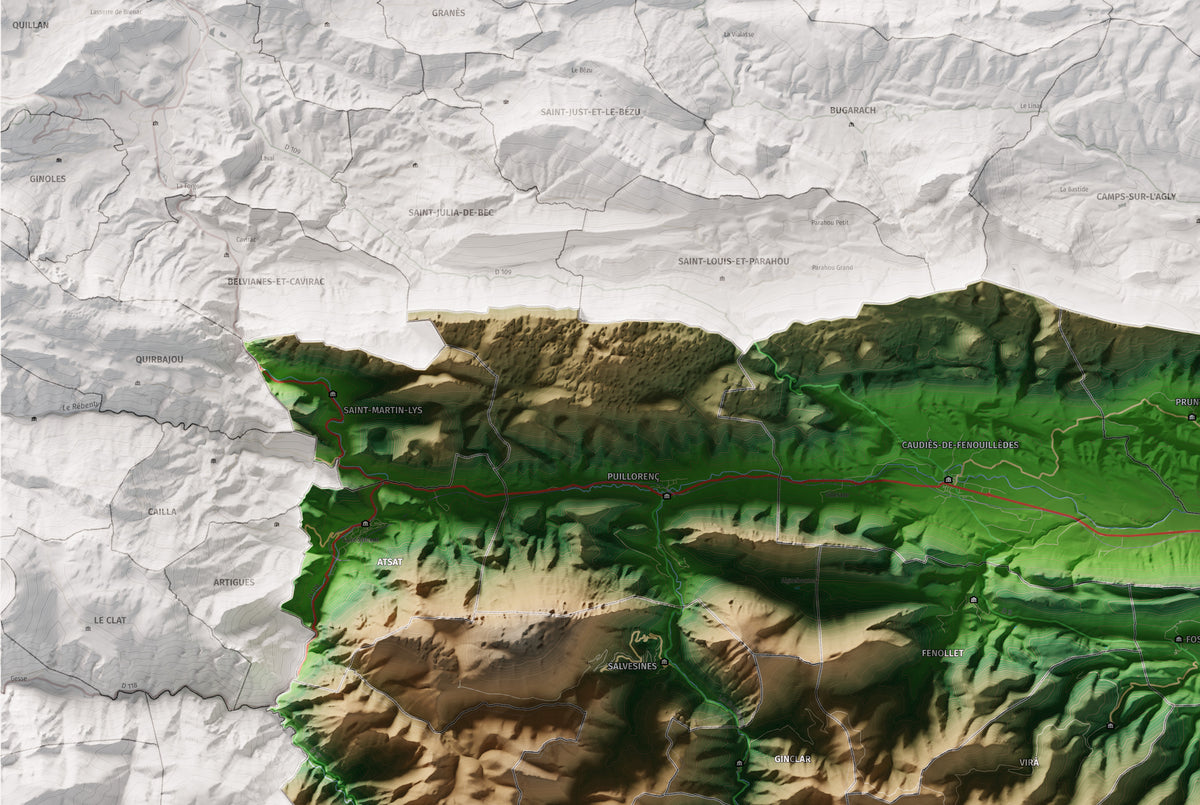 Mapa de relleu de la Fenolleda, amb el territori en color i l’entorn en blanc. Detall de la part superior esquerra. 61 × 91 cm. Estil Clàssic.