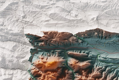 Mapa de relleu de la Fenolleda, amb el territori en color i l’entorn en blanc. Detall de la part superior esquerra. 61 × 91 cm. Estil Blau i taronja.