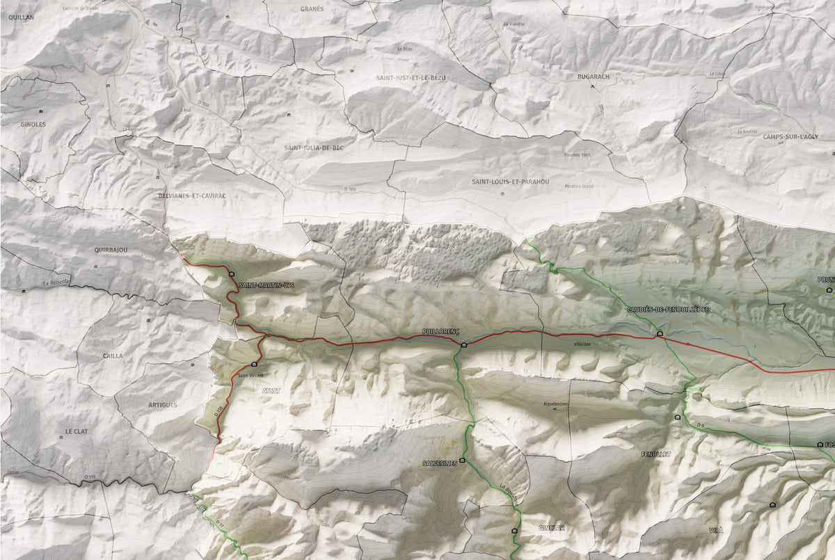 Mapa de relleu de la Fenolleda, amb el territori en color i l’entorn en blanc. Detall de la part superior esquerra. 61 × 91 cm. Estil Cartogràfic.