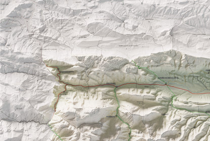 Mapa de relleu de la Fenolleda, amb el territori en color i l’entorn en blanc. Detall de la part superior esquerra. 61 × 91 cm. Estil Cartogràfic.