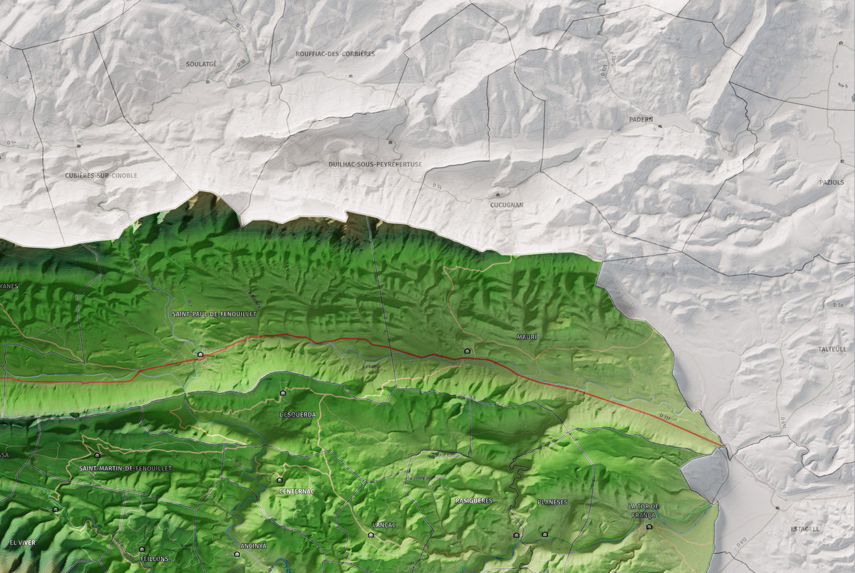Mapa de relleu de la Fenolleda, amb el territori en color i l’entorn en blanc. Detall de la part superior dreta. 61 × 91 cm. Estil Clàssic.