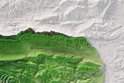 Mapa de relleu de la Fenolleda, amb el territori en color i l’entorn en blanc. Detall de la part superior dreta. 61 × 91 cm. Estil Clàssic.