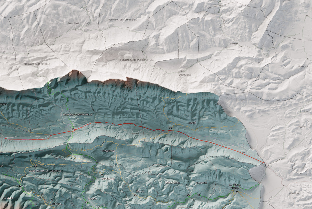Mapa de relleu de la Fenolleda, amb el territori en color i l’entorn en blanc. Detall de la part superior dreta. 61 × 91 cm. Estil Blau i taronja.