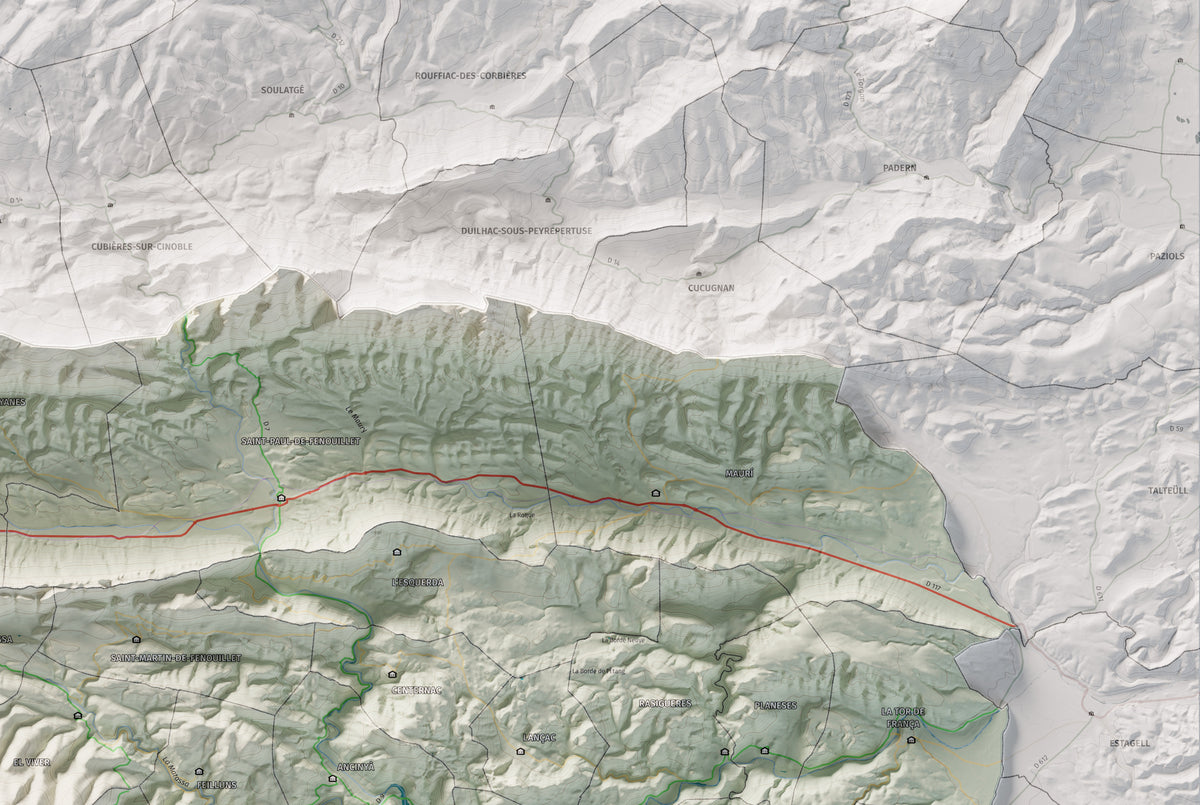 Mapa de relleu de la Fenolleda, amb el territori en color i l’entorn en blanc. Detall de la part superior dreta. 61 × 91 cm. Estil Cartogràfic.