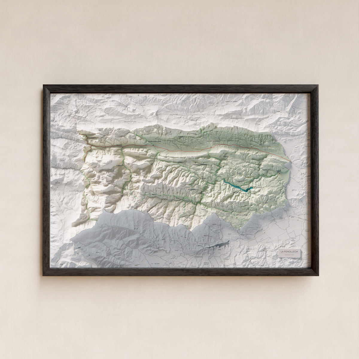Mapa de relleu de la Fenolleda, amb el territori en color i l’entorn en blanc. Presentació amb marc. 61 × 91 cm. Estil Cartogràfic.