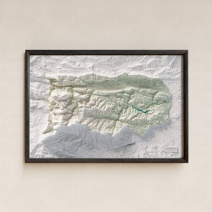 Mapa de relleu de la Fenolleda, amb el territori en color i l’entorn en blanc. Presentació amb marc. 61 × 91 cm. Estil Cartogràfic.