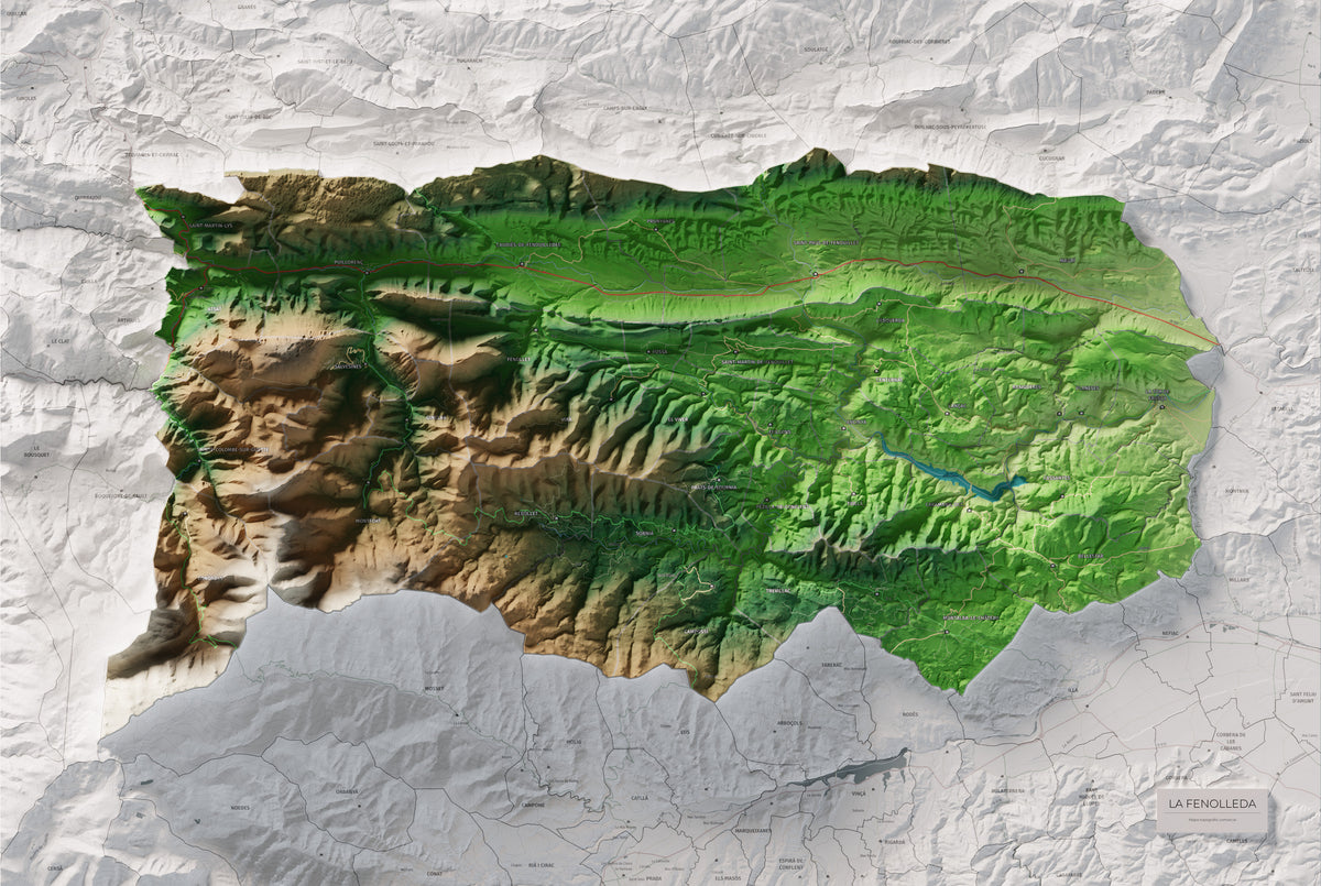 Mapa de relleu de la Fenolleda, amb el territori en color i l’entorn en blanc. Vista completa de la làmina. 61 × 91 cm. Estil Clàssic.