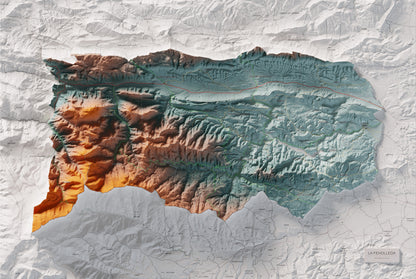 Mapa de relleu de la Fenolleda, amb el territori en color i l’entorn en blanc. Vista completa de la làmina. 61 × 91 cm. Estil Blau i taronja.