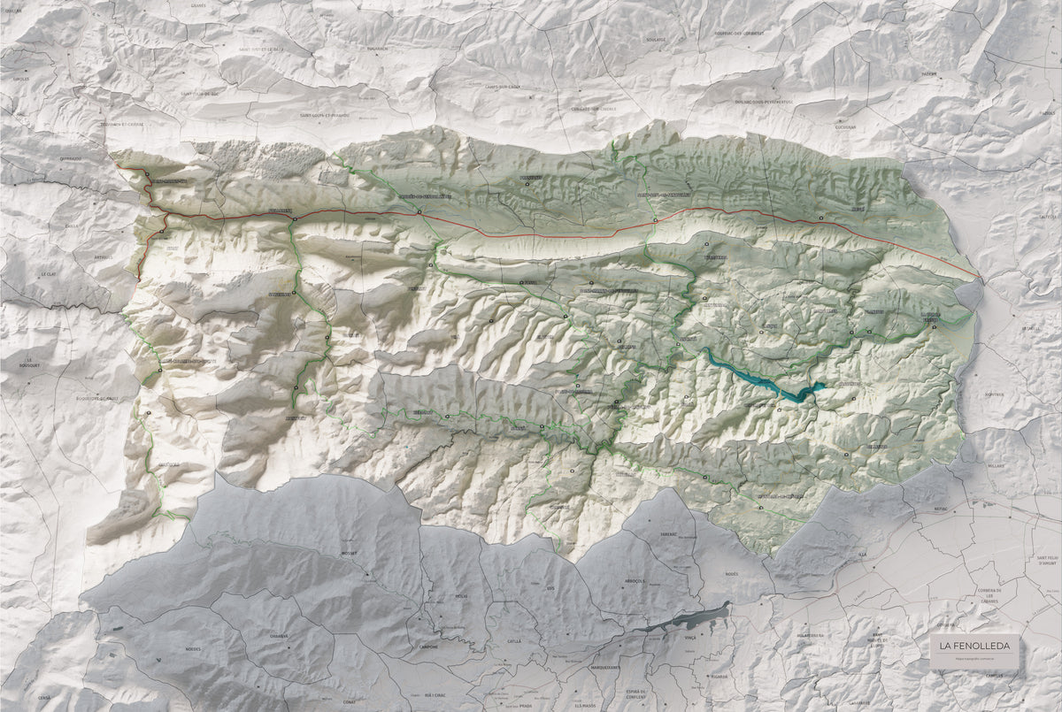 Mapa de relleu de la Fenolleda, amb el territori en color i l’entorn en blanc. Vista completa de la làmina. 61 × 91 cm. Estil Cartogràfic.