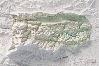 Mapa de relleu de la Fenolleda, amb el territori en color i l’entorn en blanc. Vista completa de la làmina. 61 × 91 cm. Estil Cartogràfic.